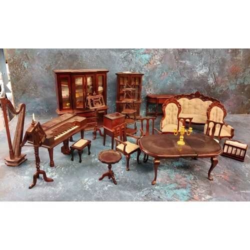 61 - Dolls House Drawing/Music Room Furniture - spinnet, harp, violin, side cabinet, chairs, etc