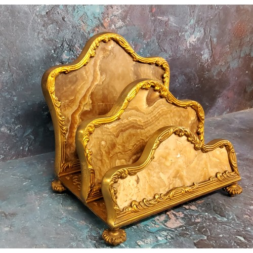 70 - A French agate and gilt bronze two tier waterfall letter rack, cast with foliate scrolls, 18cm high,... 