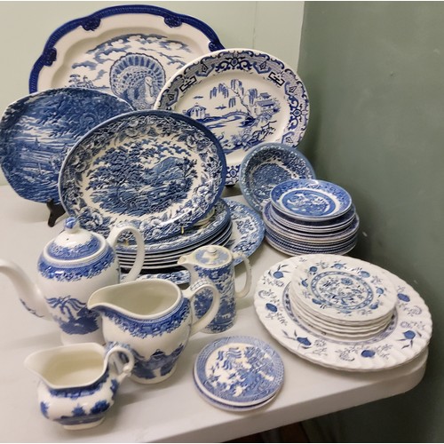 97 - Blue and White - a large Turkey meat plate;  a set of six and one larger English landscape plat... 