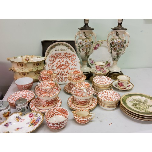 129 - A Minton part tea service, decorated in underglaze red , with scrolls, c.1890;   a pair of... 