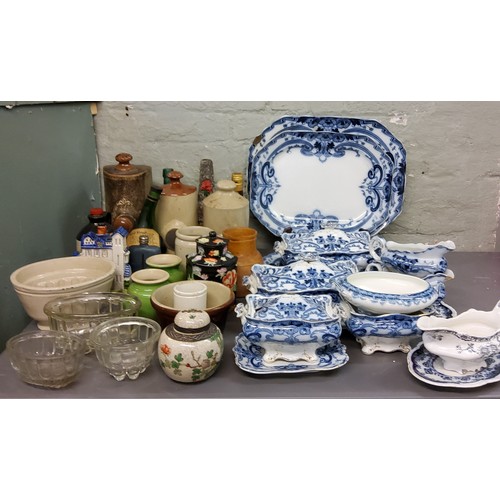 145 - Victorian Flow Blue dinner ware; stoneware hot water bottles;  jelly moulds;  Staffordshir... 