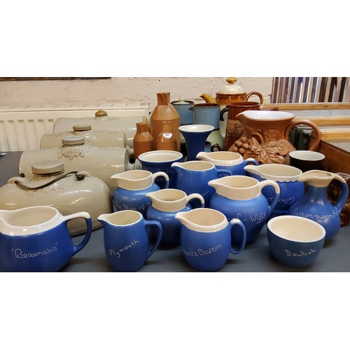 149 - West Country Ceramics - Named jugs, on a light blue ground, each inscribed in white;  Stoneware... 