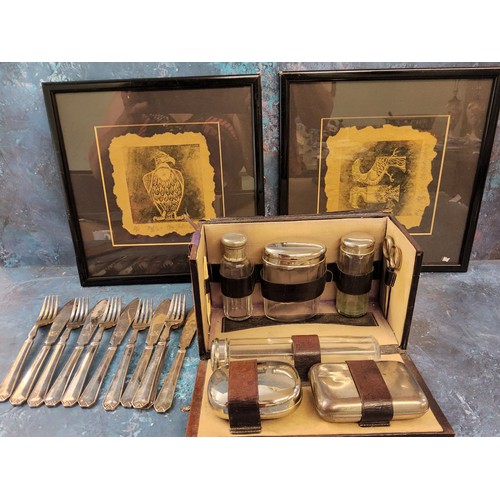 155 - A gentleman's dressing case, plated mounts, morocco case;  fish knives and forks;  etc