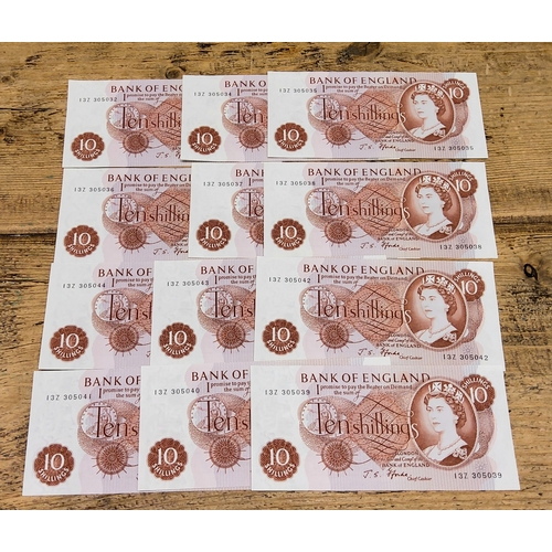 212 - An envelope of twelve consecutive J.S. Fforde ten shilling notes, uncirculated condition, Bank of En... 