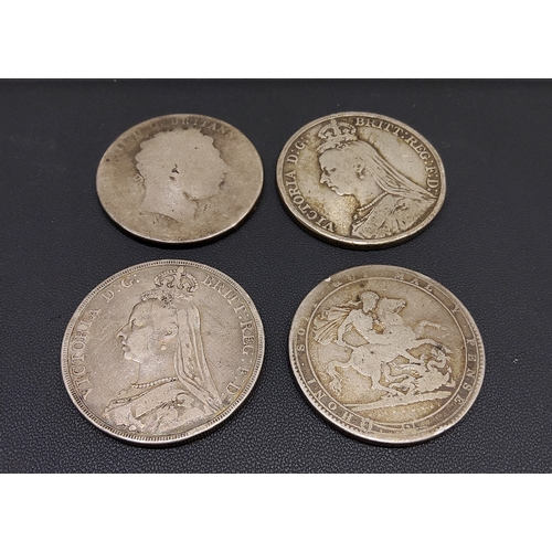 225 - Two George III 'bull head' crowns and two Queen Victoria jubilee crowns (4)