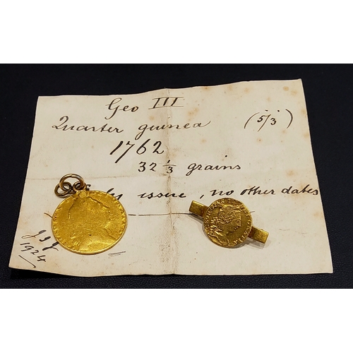 228 - A George III Spade Guinea, later mount and a George III quarter Guinea, later yellow metal moun... 