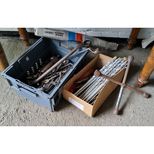 205 - Tools - socket sets;  spanners;  wrench;  drill heads;  a novelty horn galleon sailing ship, 61cm hi... 