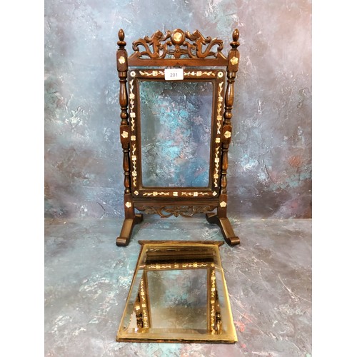 201 - A 19th century Chinese mother-of-pearl hardwood mirror on stand, pierced fret, , 45cm high, 24.5cm w... 