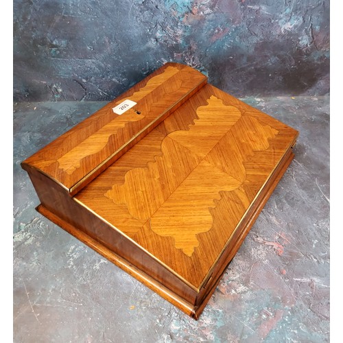 203 - A 19th century French kingwood writing slope, the slope front quarter veneered, velvet writing surfa... 