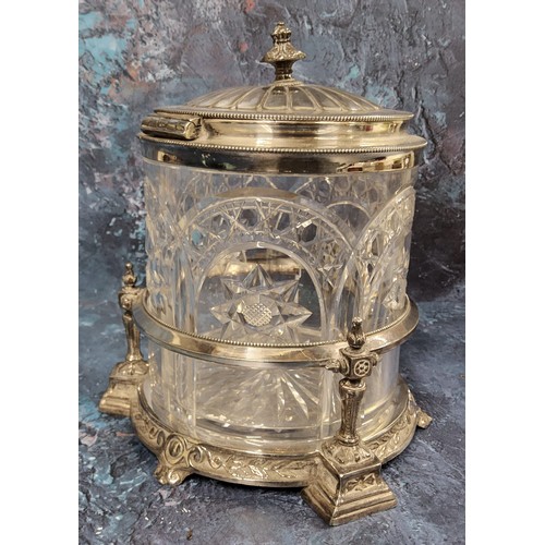 8 - An early 20th century plated and glass biscuit barrel, domed half fluted cover, the glass cut with f... 