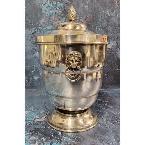 14 - A silver plated pedestal ovoid ice bucket and cover, bud finial, lion mask loose ring handle, 247cm ... 