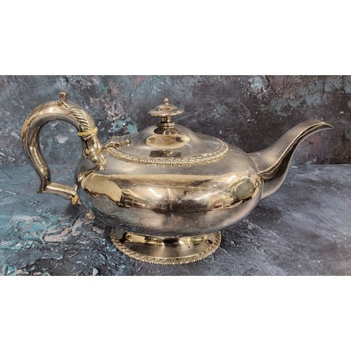 103 - A George IV silver teapot, of compressed circular form, gadrooned border, acanthus scroll handle, 14... 