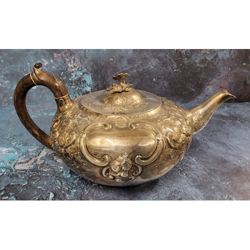 120 - A George III silver teapot, embossed with flowers & scrolls on scale ground, ovolo rim, hinged c... 