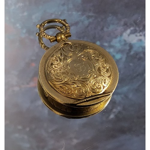 159 - An early 19th century yellow metal circular mourning locket, the cover chased & engraved with sc... 