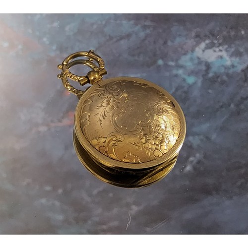 159 - An early 19th century yellow metal circular mourning locket, the cover chased & engraved with sc... 