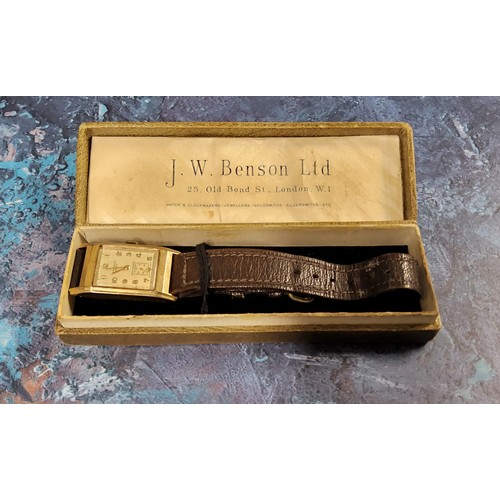 187 - A 9ct gold gentleman's J.W. Benson tank watch, Swiss Cyma 15 jewel movement, cream dial, Arabic nume... 