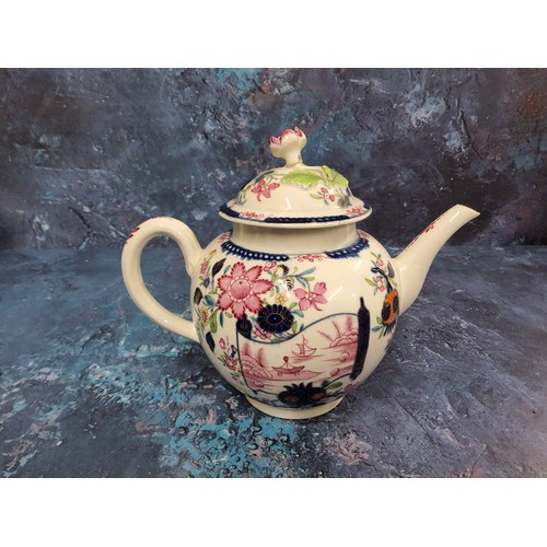 328 - A very rare Worcester globular teapot and cover,  painted in puce with a landscape within a scroll s... 