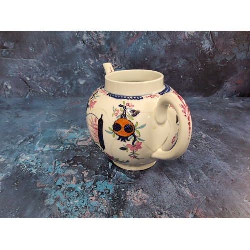 328 - A very rare Worcester globular teapot and cover,  painted in puce with a landscape within a scroll s... 