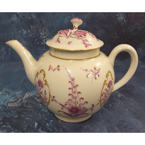 329 - A Worcester globular teapot and cover,  painted in Meissen style with puce flowers in gilt cartouche... 