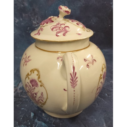 329 - A Worcester globular teapot and cover,  painted in Meissen style with puce flowers in gilt cartouche... 