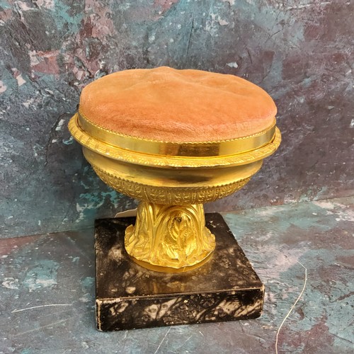 445 - A '19th century' gilt metal and marble pin cushion, as an urn, square marble base, 9.5cm high