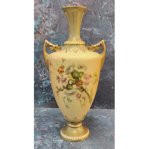 294 - A Royal Worcester two handled pedestal ovoid vase, printed and painted with thistles on a blush ivor... 