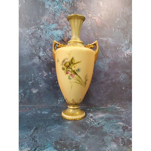 294 - A Royal Worcester two handled pedestal ovoid vase, printed and painted with thistles on a blush ivor... 