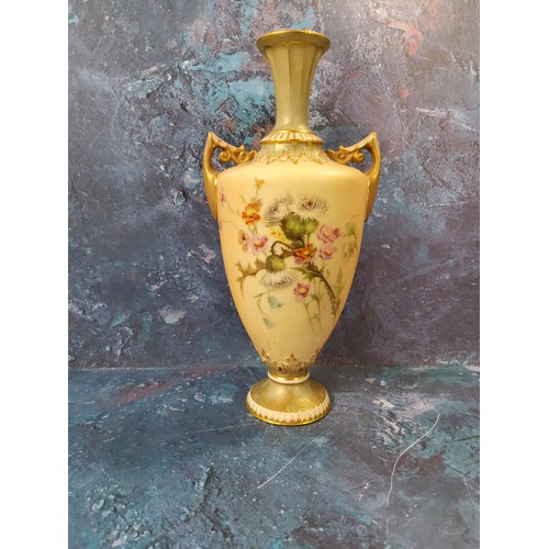 294 - A Royal Worcester two handled pedestal ovoid vase, printed and painted with thistles on a blush ivor... 