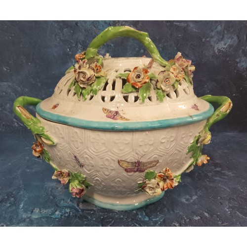 314 - A Derby Patch Mark basket weave tureen and cover, encrusted with flowers and painted with insects, 2... 