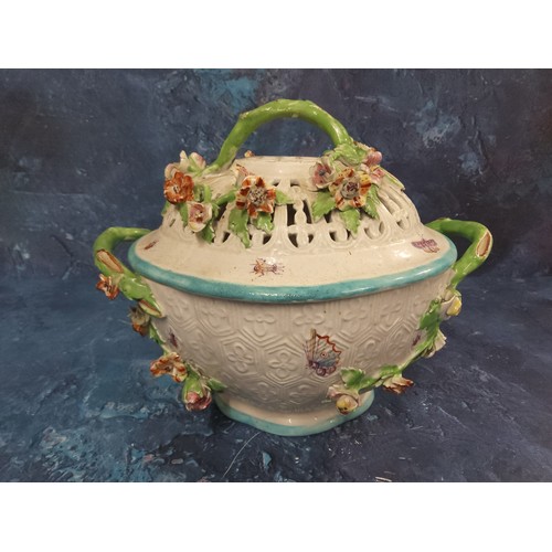 314 - A Derby Patch Mark basket weave tureen and cover, encrusted with flowers and painted with insects, 2... 