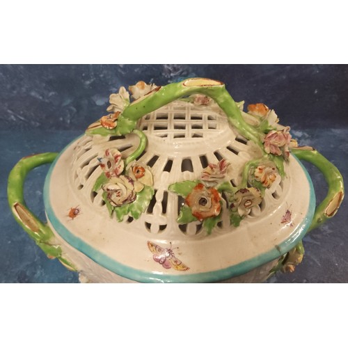 314 - A Derby Patch Mark basket weave tureen and cover, encrusted with flowers and painted with insects, 2... 