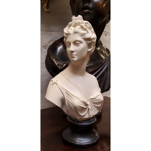 361 - After Jean-Antoine Houdon, a composite bust, Diana, turned black socle, inset with lead medallion ma... 