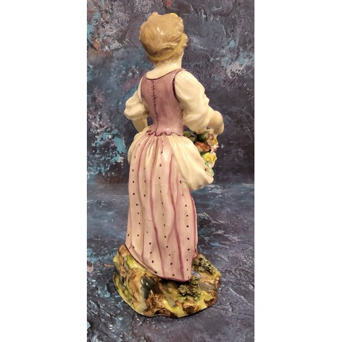 368 - A Bristol figure,  of a girl holding flowers in her apron, in colours, 20cm high, c.1775