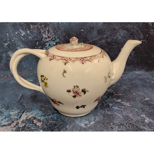 369 - A Bristol teapot and cover,  painted with colourful floral sprigs,  entwined handle, moulded spout, ... 