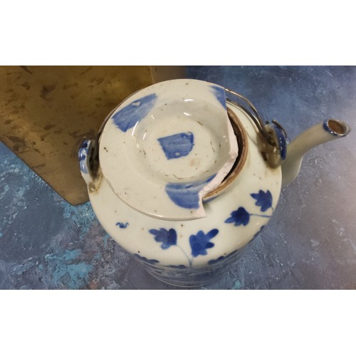 401 - An early 20th century Chinese cylindrical teapot and cover,   decorated in underglaze blue with styl... 