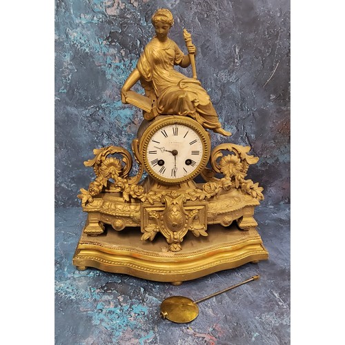 427 - A French gilt metal figural mantel clock, 7cm white enamelled dial, inscribed J B Yabsley, twin wind... 