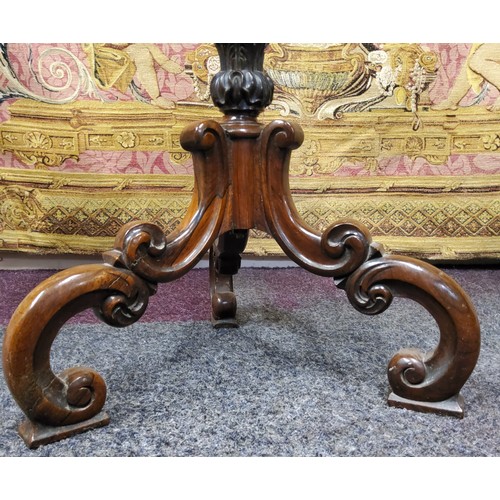 452 - An unusual rosewood wine table, the dished glazed top inset with circular hand painted watercolour b... 