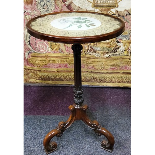 452 - An unusual rosewood wine table, the dished glazed top inset with circular hand painted watercolour b... 