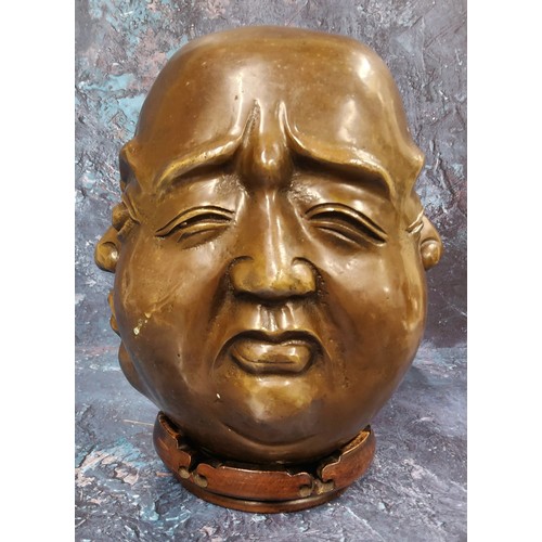 484 - Chinese School, a brown patinated bronze, The Four Faces of Buddha, 24cm high, hardwood stand