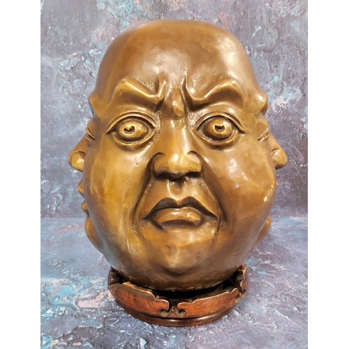 484 - Chinese School, a brown patinated bronze, The Four Faces of Buddha, 24cm high, hardwood stand