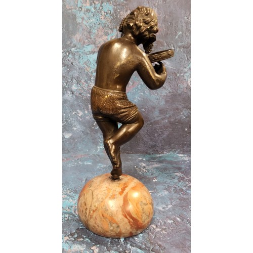 494 - French School, 19th century, a dark patinated bronze, Bacchic Putto, with tambourine, domed marble b... 