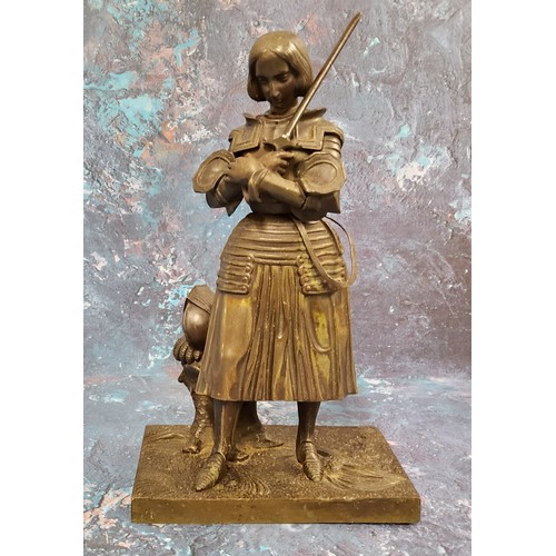 495 - French School, 19th century, a dark patinated bronze, Joan of Arc, she stands in full armour, with h... 