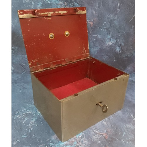 558 - An early 20th century industrial safety deposit box, red interior, battery alarm, 24.5cm x 13cm