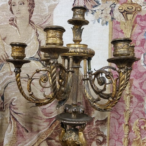 670 - A good pair of 19th century gilt bronze and alabaster five branch, six light candelabras, the ornate... 