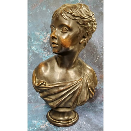 672 - A bronzed copper electrotype library bust, of a youth looking to dexter, turned socle, 56cm high