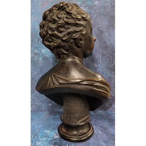 672 - A bronzed copper electrotype library bust, of a youth looking to dexter, turned socle, 56cm high