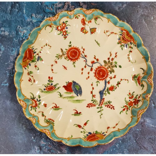 380 - A Worcester Two Quail pattern fluted plate, decorated in the Kakiemon palette, with quails and bloss... 