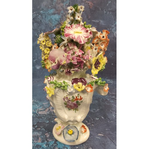 384 - A Longton Hall vase and cover, of asymmetric shape encrusted with flowers, painted with rose and flo... 