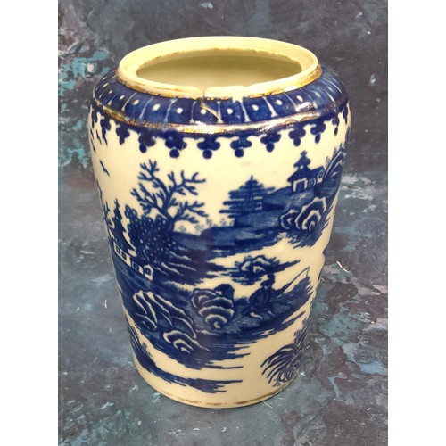 389 - A Worcester Cormorant tapering oval canister, decorated in underglaze blue, cell border, 10cm high, ... 