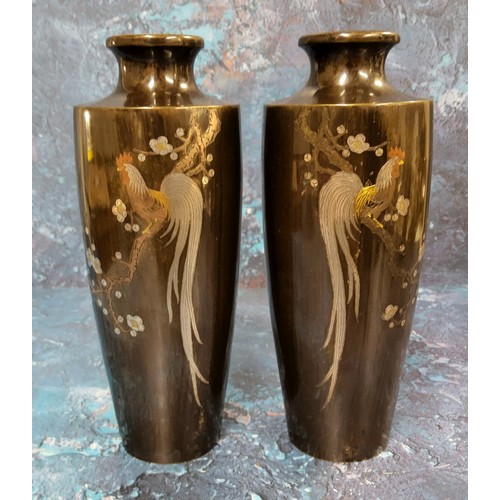 417 - A pair of Japanese tapering cylindrical bronze vase, applied in mixed metals with long tailed fancy ... 